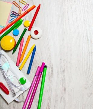 Office tools assortment on white table Stock Photos