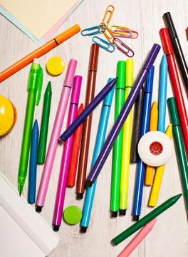 Office tools assortment on white table Stock Photos