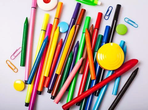 Office tools assortment on white table Foto stock