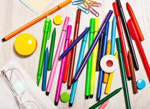 Office tools assortment on white table Stock Photos