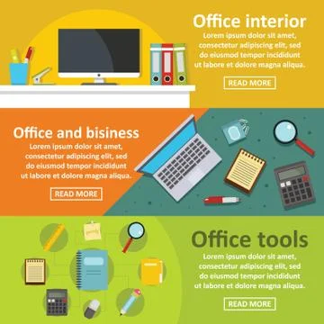 Office tools banner horizontal set, flat style Illustrazione stock