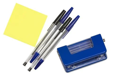 Office tools hole punch, note paper and pen isolated on white Stock Photos