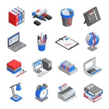 Office Tools Isometric Icons Set Stock Illustration