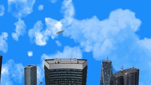 Office tower skyline rising under fluffy clouds and cranes Stock Footage 346778523