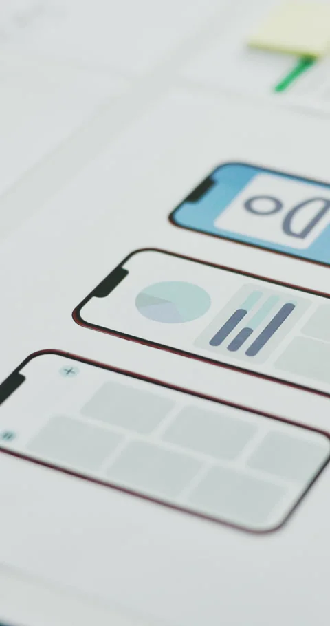 Office, UI and paperwork with design, research and planning for new mobile app, Stock Footage 319802959