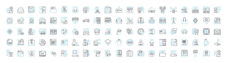 Office vector line icons set. Office, Desk, Chair, Cubicle, Workstation, Printer Stock Illustration
