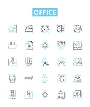 Office vector line icons set. Office, Desk, Chair, Cubicle, Workstation, Printer Stock Illustration