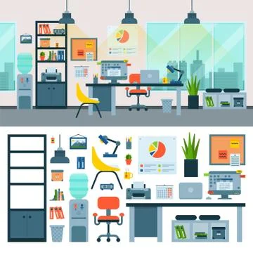 Office vector work place with computer and workers furniture table or chair in 스톡 일러스트