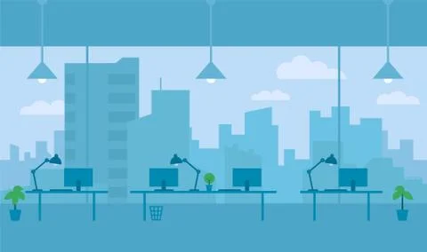 Office with view from window city. Workplace Stock Illustration