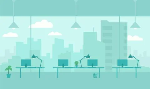 Office with view from window city. Workplace room. Skyscrapers and big city Stock Illustration