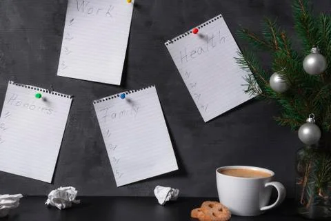 Office wall with checklists for work hobbies health and family Stock Photos