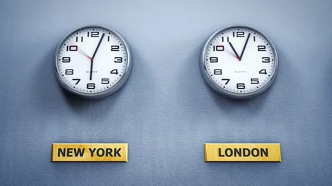 Office wall clocks showing different world time Stock Footage 100165887
