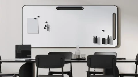 Office whiteboard on the wall, conference table with black chairs, laptop a.. 스톡 일러스트