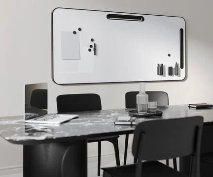 Office whiteboard on the wall, conference table with black chairs, laptop a.. 스톡 일러스트