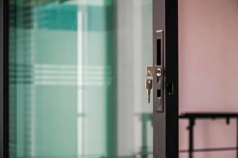Office window with key lock, Empty space window background Stock Photos