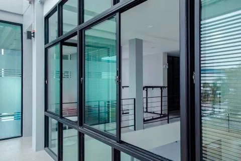 Office window with key lock, Empty space window background Foto stock