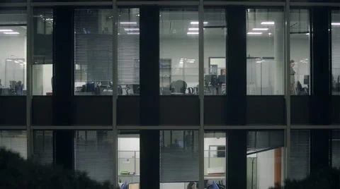 Office Windows night shift, floor in business center, the room is bright Stock Footage 64051854