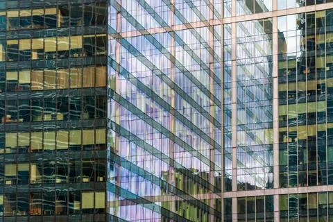 Office windows, reflections and shadows on glass exterior of business center  Fotos Stock