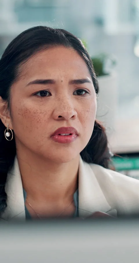 Office, woman and thinking with computer, online or risk assessment on website, Stock Footage 327845549