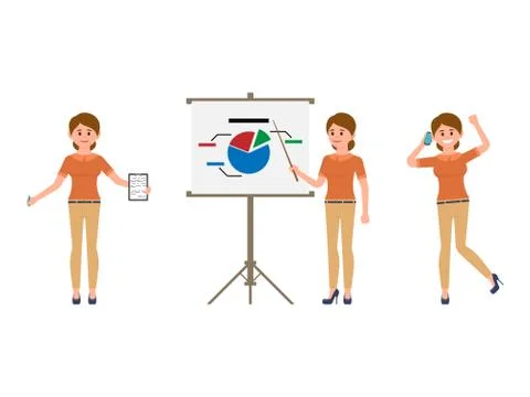 Office woman making notes, presentation, talking on phone cartoon character Stock Illustration