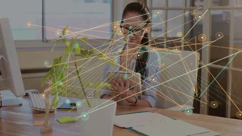 Office woman tapping tablet, causing animated network nodes and lines growing Stock Footage 333255615