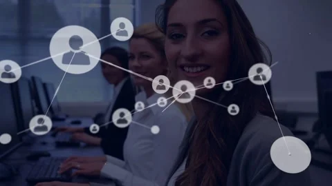 Office woman turning, smiling as node appearing near face, network expanding, 스톡 동영상 332686348