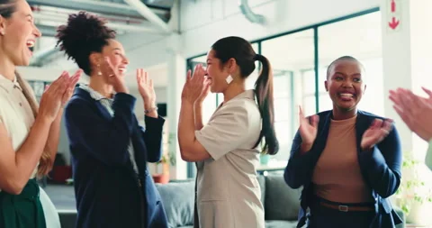 Office, women and stack hands for celebration with team, happiness or applause Stock Footage 346284780