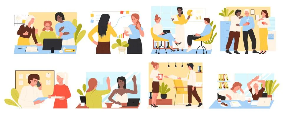 Office work and coffee break of people set, busy professional corporate workers Illustrazione stock