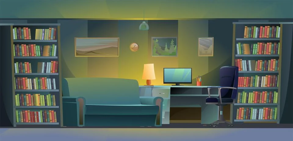 Office for work and study in evening time. Work desk with armchair and PC 스톡 일러스트