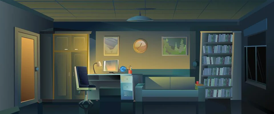 Office for work and study in evening time. Work desk with armchair and PC com 스톡 일러스트