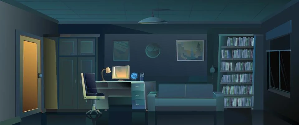 Office for work and study in nighttime. Work desk with armchair and PC comput Stockillustratie