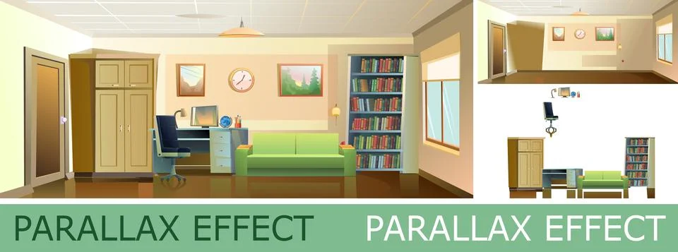 Office for work and study with parallax effect. Work desk with armchair and P 스톡 일러스트