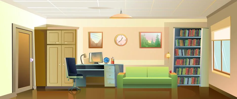 Office for work and study. Work desk with armchair and PC computer. Sofa book Stock Illustration