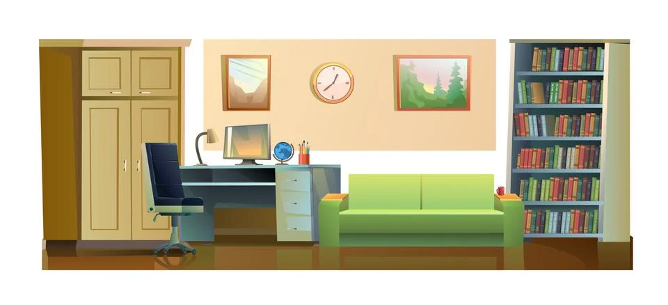 Office for work and study. Work desk with armchair and PC computer. Sofa book Stock Illustration