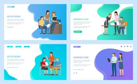Office work and working task landing page template set, business team making Illustrazione stock