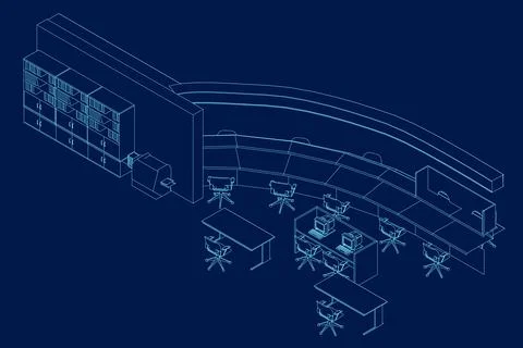 Office work area contour drawing, Modern design, isometric view. vector Stock Illustration
