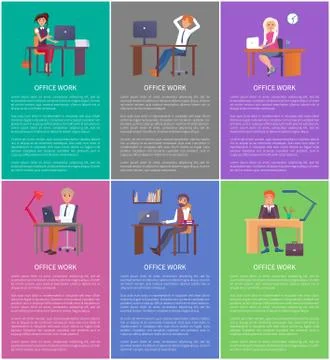 Office Work Banners Set Men Women Working Tables Stock Illustration