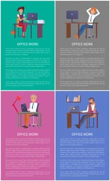 Office Work Banners Set Men Women Working Tables Illustrazione stock