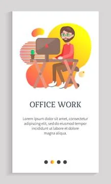 Office Work Bearded Man Sitting by Laptop Vector Illustrazione stock