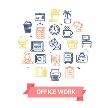 Office Work Color Round Design Template Line Icon Concept. Vector Stock-Illustration