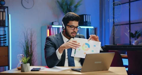 Office work concept where handsome successful qualified bearded office manager Stock Footage 166625513