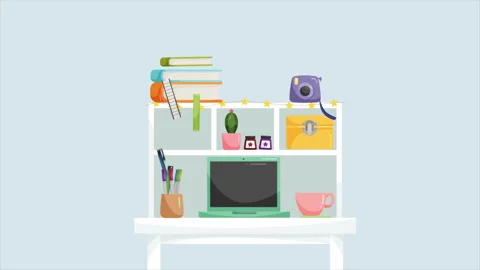 Office Work Desktop Elements Falling to Down Stock Footage 219560138