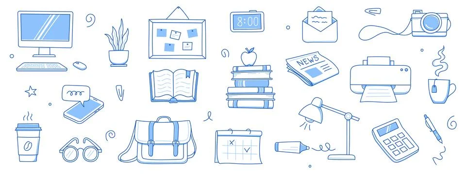 Office work doodle set. Office computer, work desk, notebook doodle icon. Hand Illustrazione stock