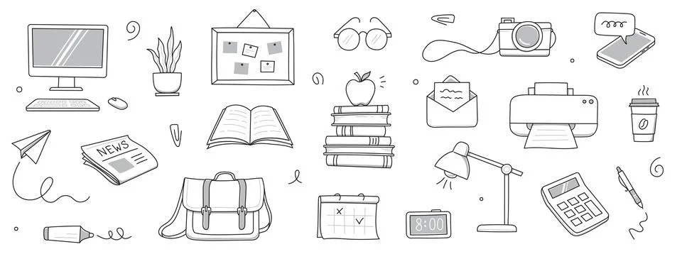 Office work doodle set. Office computer, work desk, notebook doodle icon. Hand Stock Illustration