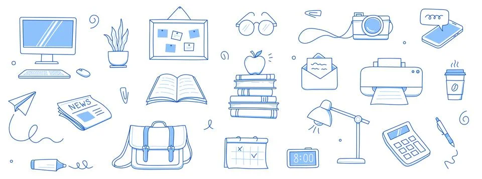 Office work doodle set. Office computer, work desk, notebook doodle icon. Hand イラスト素材