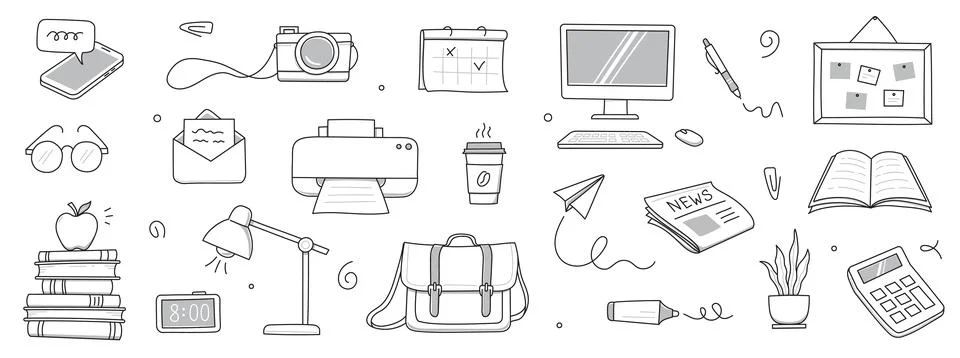 Office work doodle set. Office computer, work desk, notebook doodle icon. Hand Stock Illustration