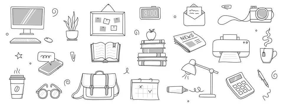 Office work doodle set. Office computer, work desk, notebook doodle icon. Hand Stock Illustration