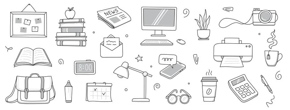 Office work doodle set. Office computer, work desk, notebook doodle icon. Hand Stock Illustration