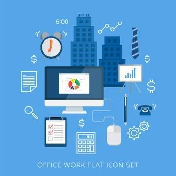 Office work flat vector icon set Stock Illustration