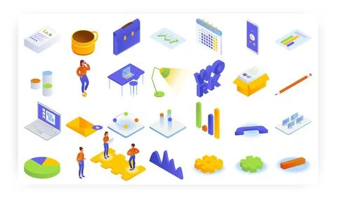 Office work, isometric icon set. Calendar, coffee, workplace, laptop computer Stock Illustration